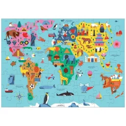 Edukacyjne|Puzzle | Mudpuppy Puzzle Mapa Świata z elementami w kształcie budynków i zwierząt 5+