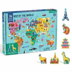 Edukacyjne|Puzzle | Mudpuppy Puzzle Mapa Świata z elementami w kształcie budynków i zwierząt 5+