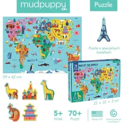 Edukacyjne|Puzzle | Mudpuppy Puzzle Mapa Świata z elementami w kształcie budynków i zwierząt 5+