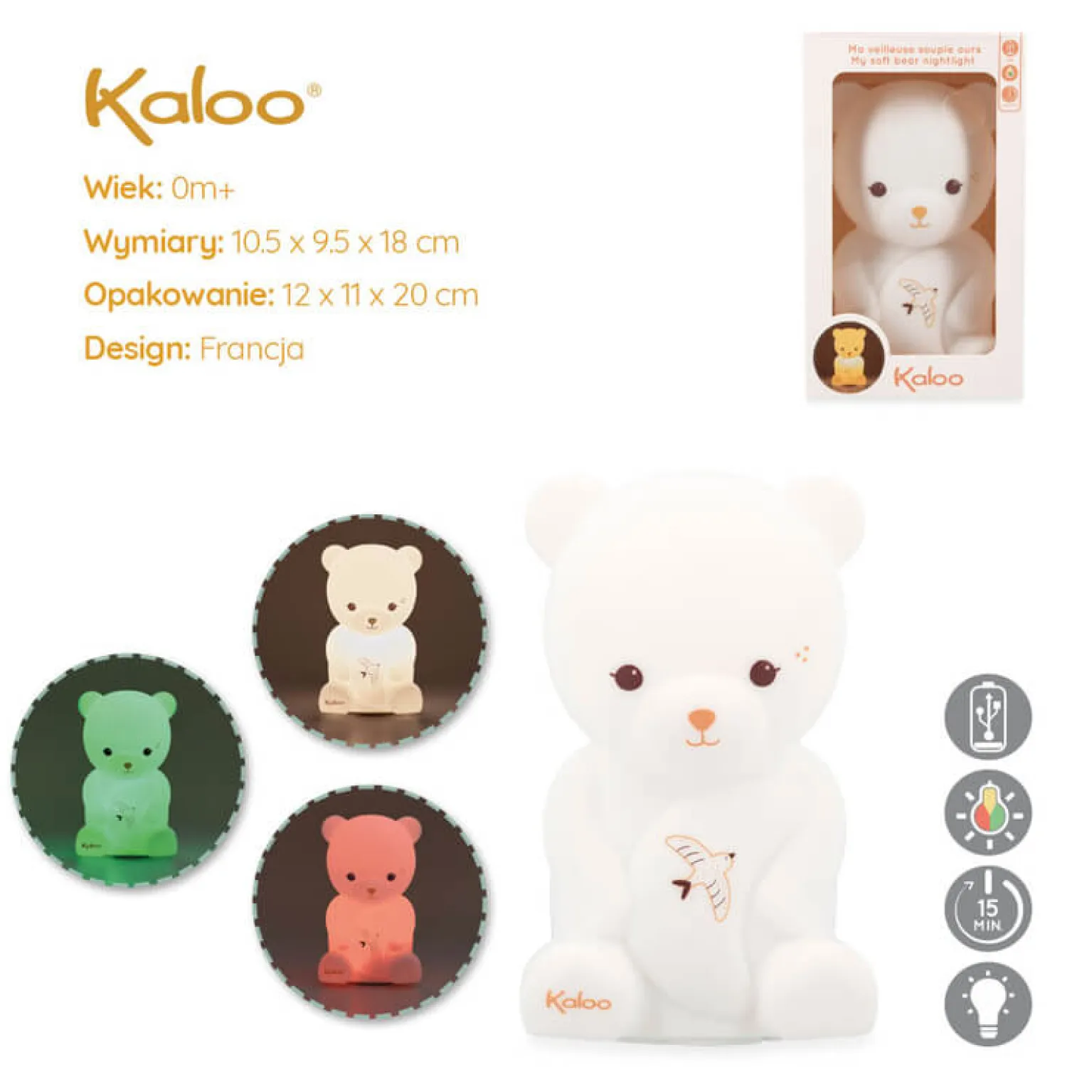 Lampki Nocne|Lampki Nocne | Kaloo Silikonowa lampka nocna dotykowa USB, Miś Intempoler