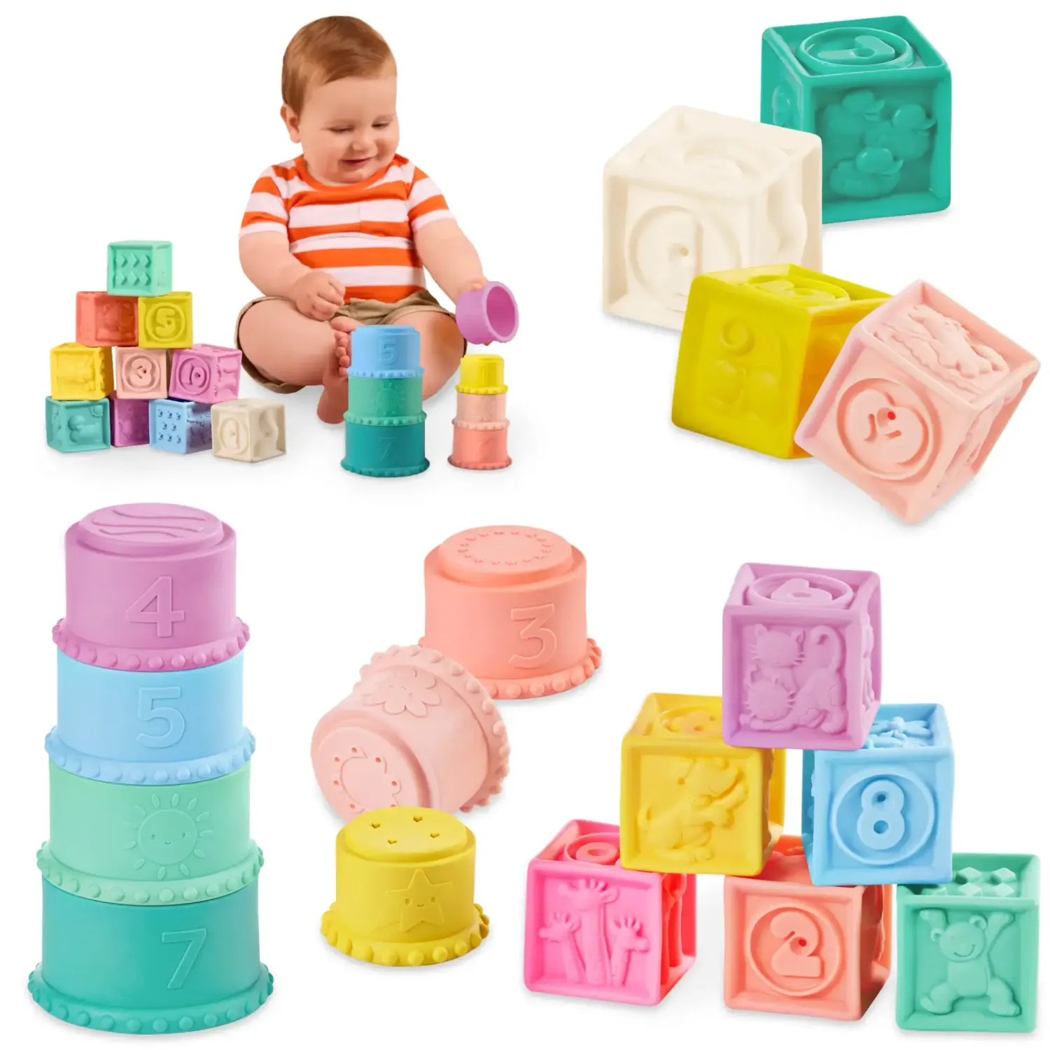 12M+|2 Lata + | B.Toys Stackin’ Squishies – miękkie kubeczki i klocki sensoryczne 2w1
