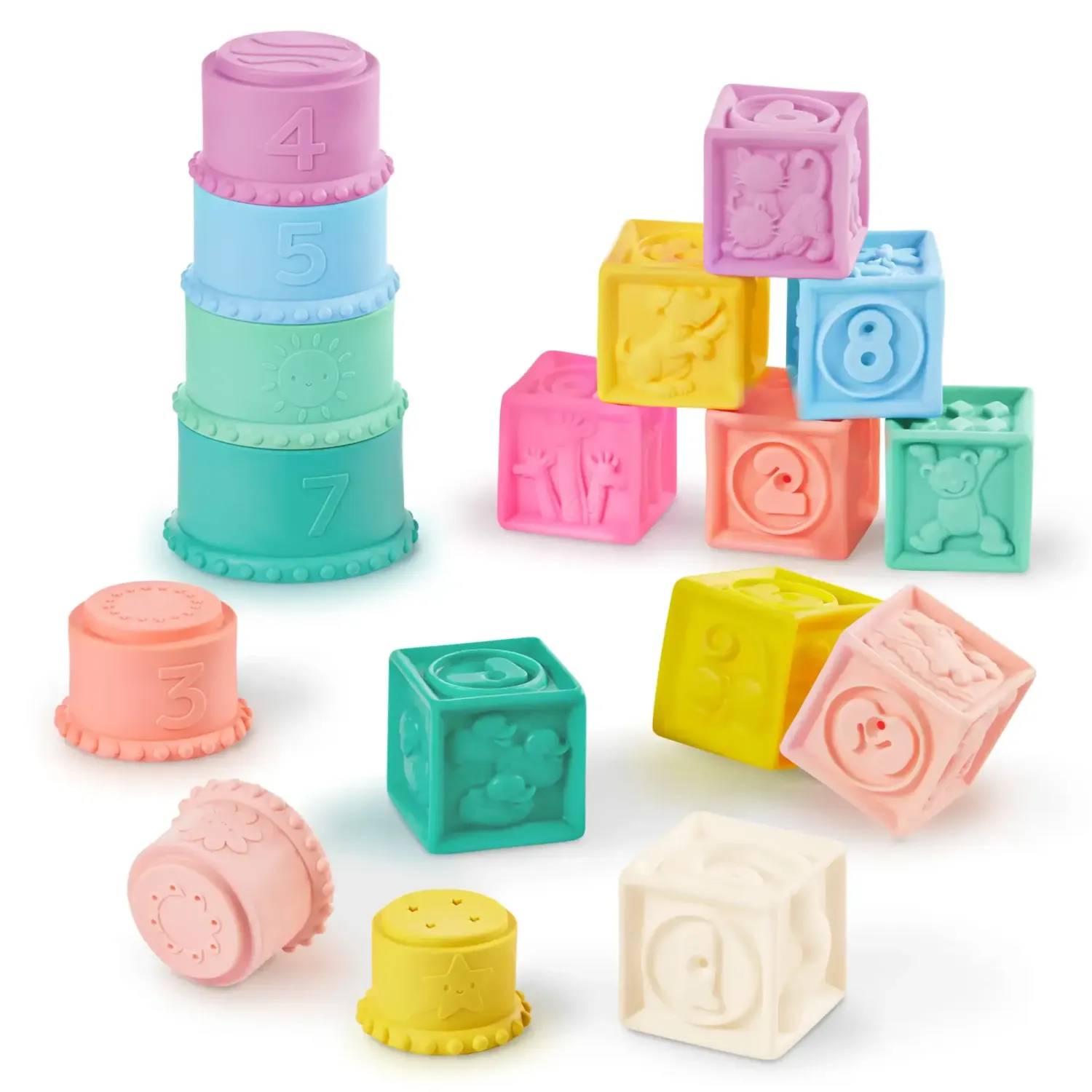 12M+|2 Lata + | B.Toys Stackin’ Squishies – miękkie kubeczki i klocki sensoryczne 2w1