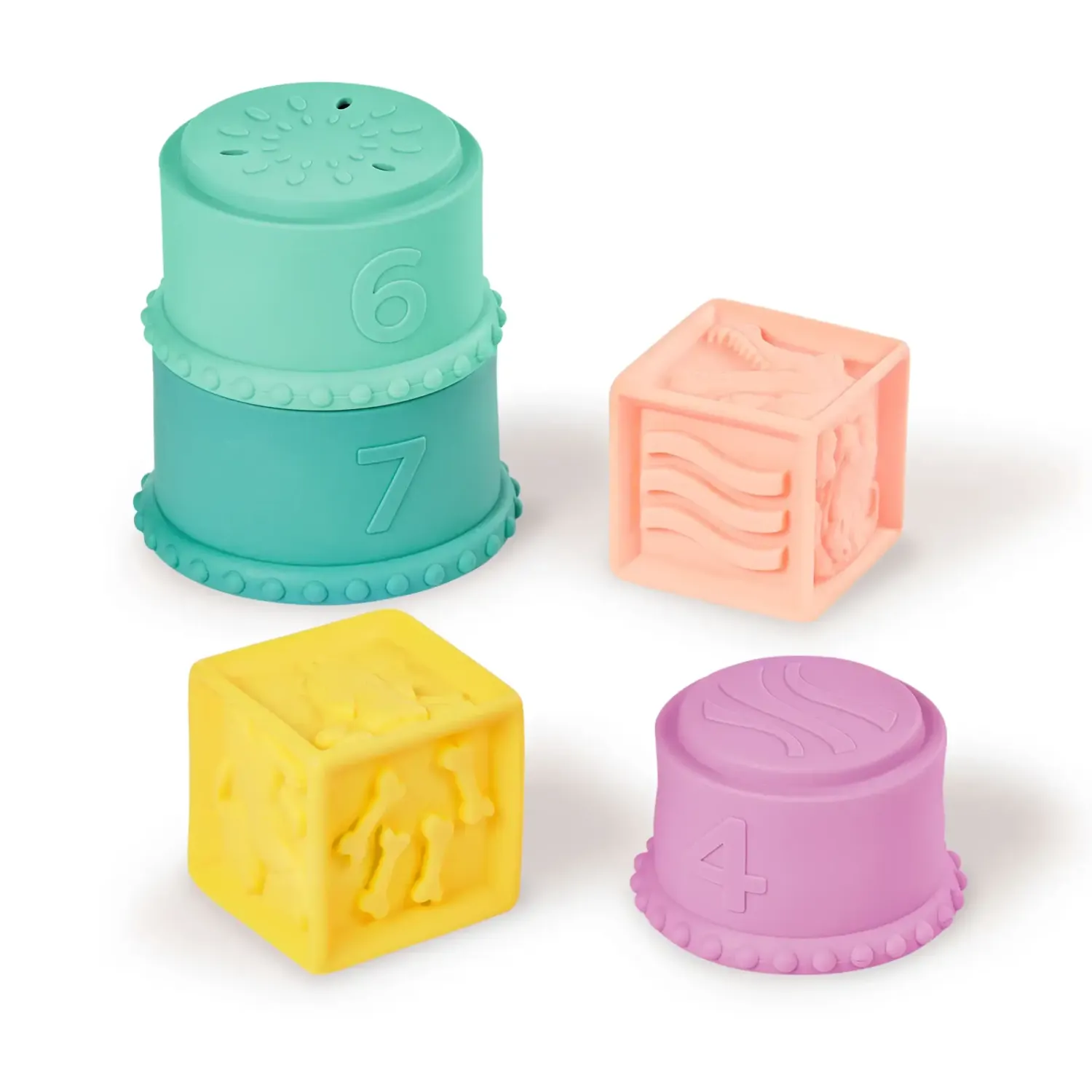 12M+|2 Lata + | B.Toys Stackin’ Squishies – miękkie kubeczki i klocki sensoryczne 2w1