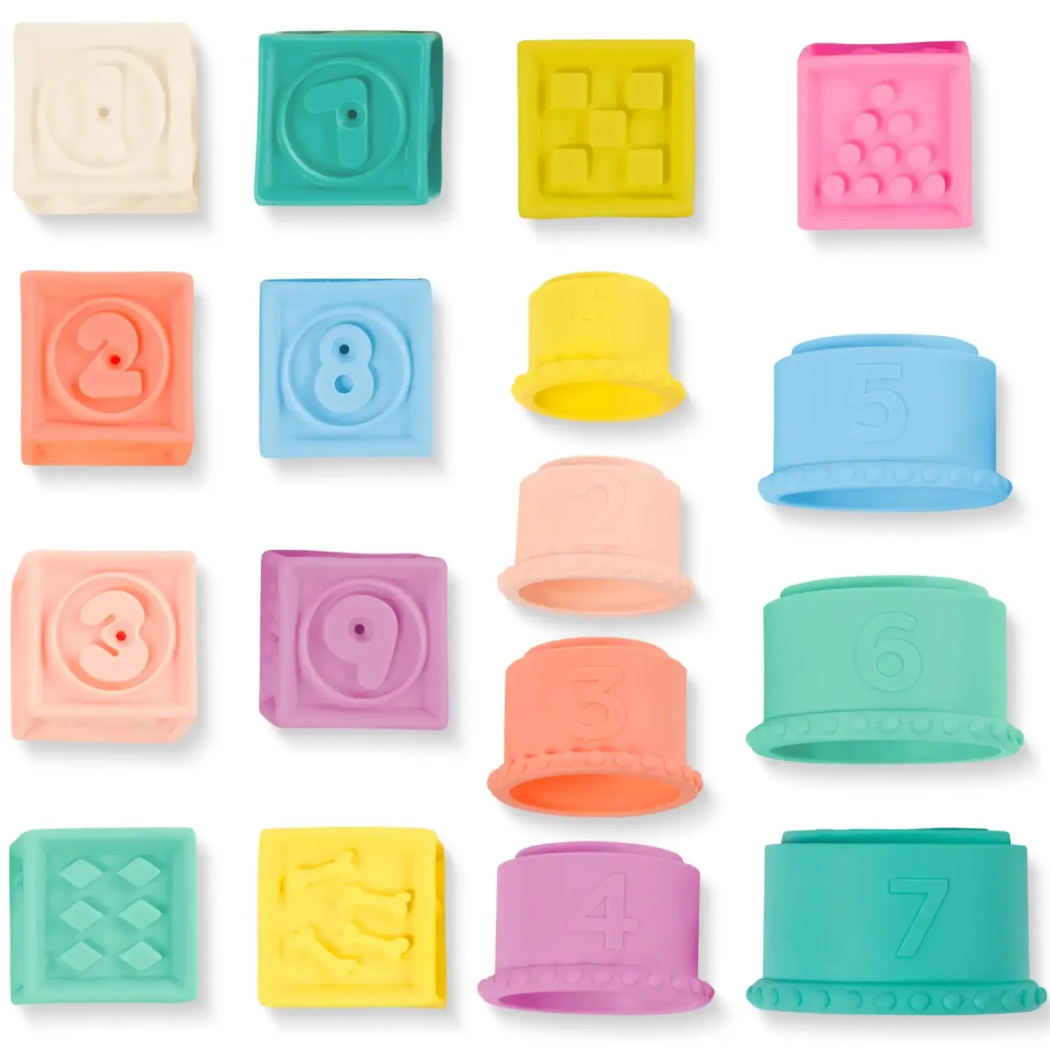 12M+|2 Lata + | B.Toys Stackin’ Squishies – miękkie kubeczki i klocki sensoryczne 2w1