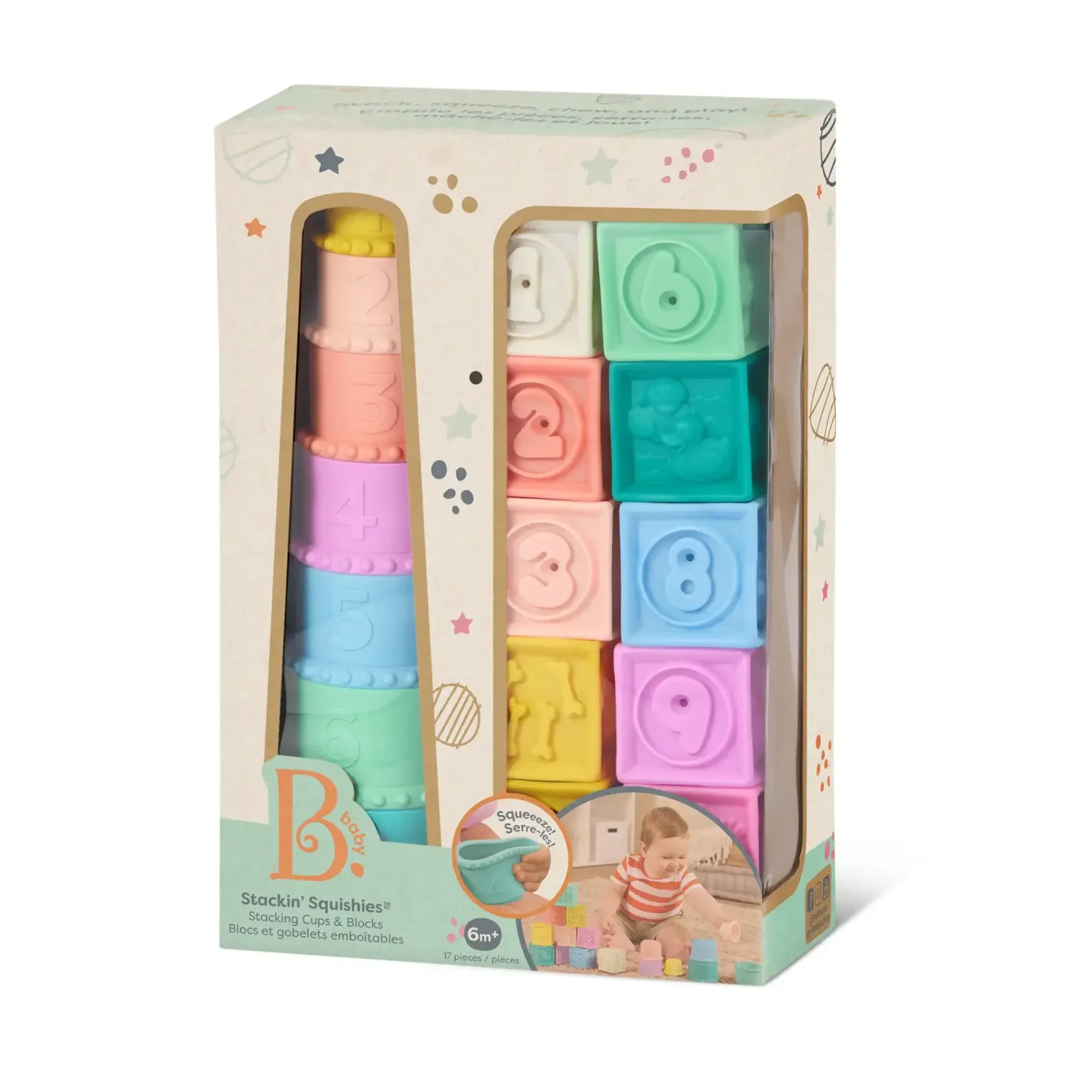 12M+|2 Lata + | B.Toys Stackin’ Squishies – miękkie kubeczki i klocki sensoryczne 2w1