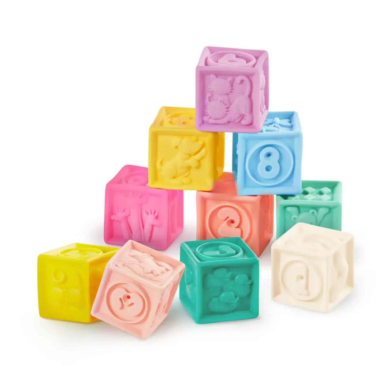 12M+|2 Lata + | B.Toys Stackin’ Squishies – miękkie kubeczki i klocki sensoryczne 2w1