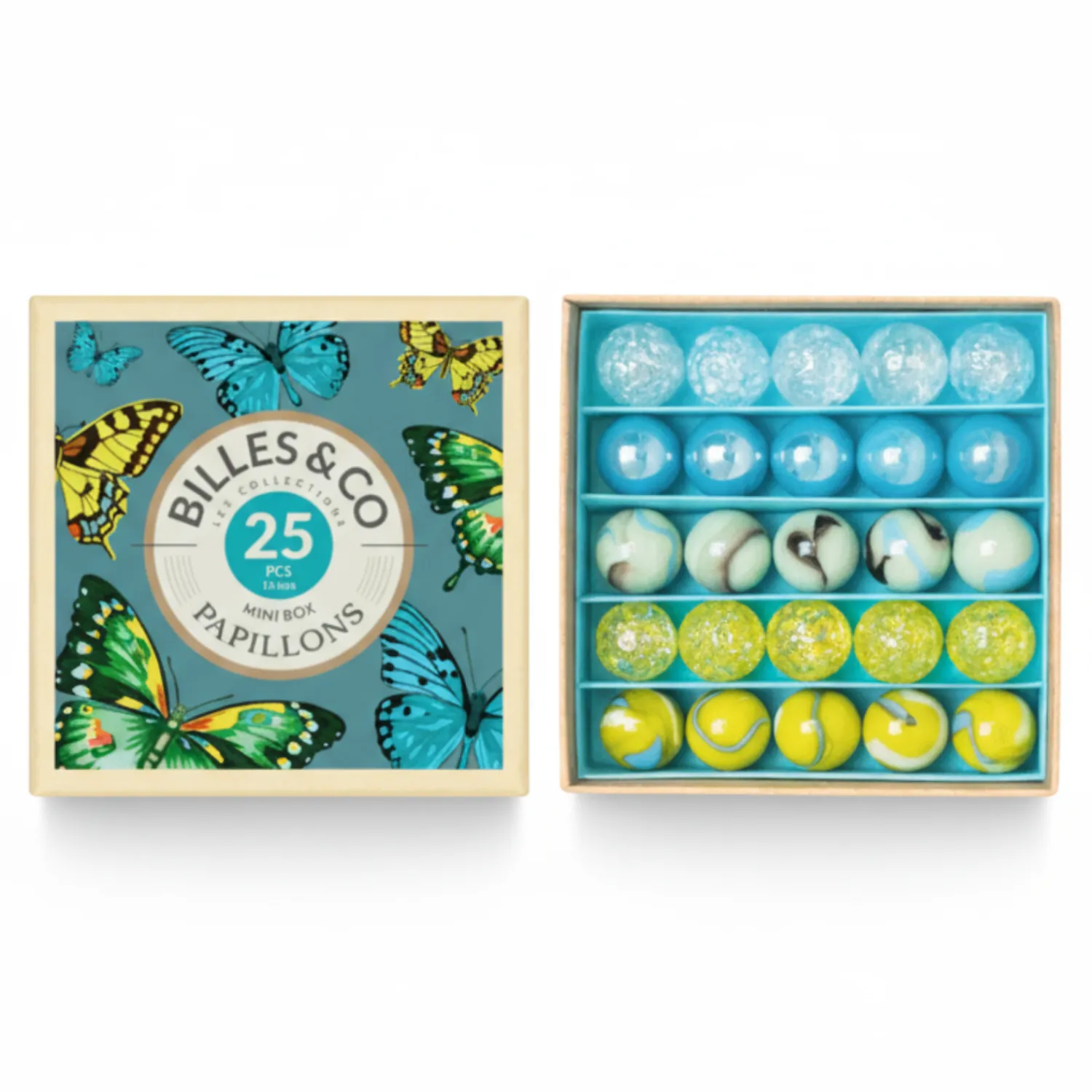 8 Lat+|6 Lat+ | Billes & Co Szklane kulki Mini-Box NIEBIESKIE MOTYLE