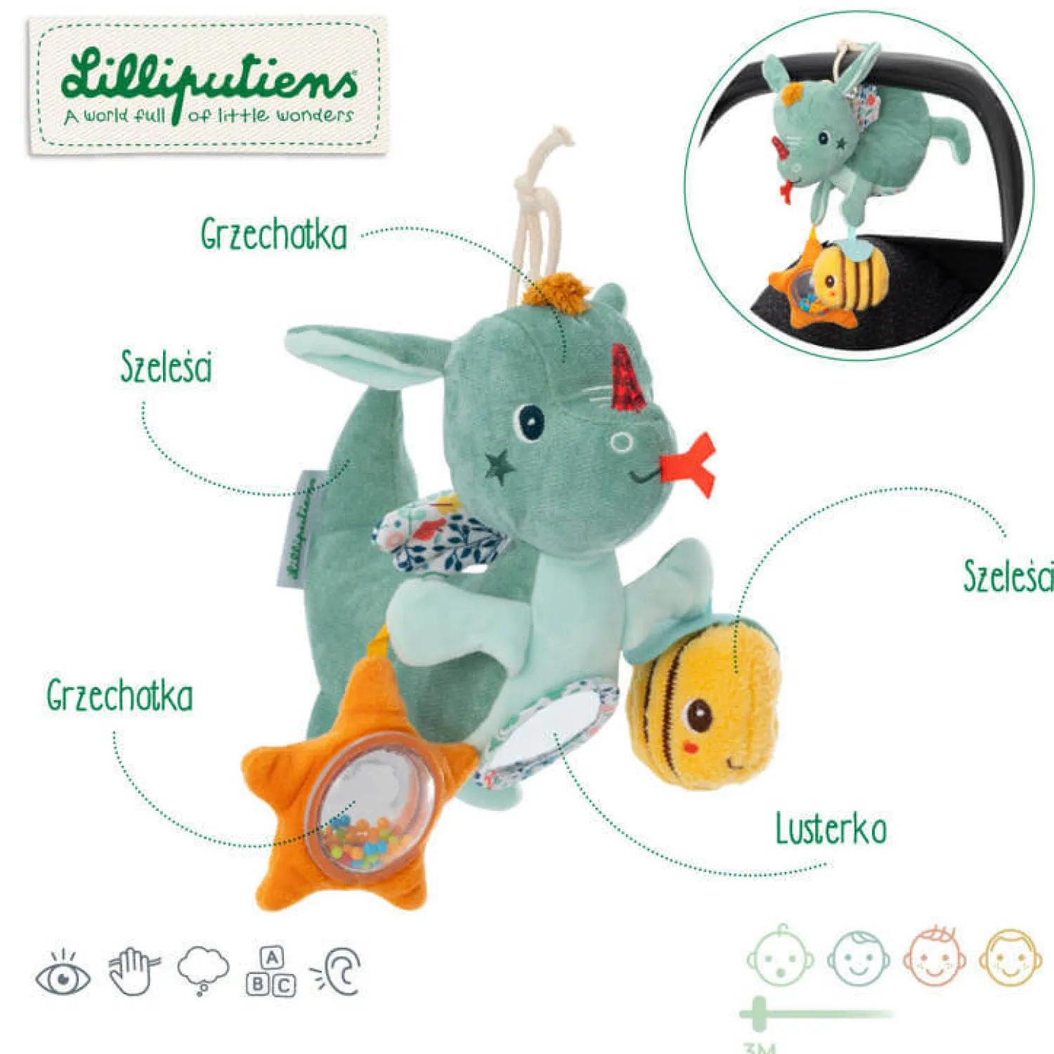 Do Wózka I Fotelika|Aktywizujące | Lilliputiens Wielofunkcyjna przytulanka do powieszenia Smok Joe 3 m+