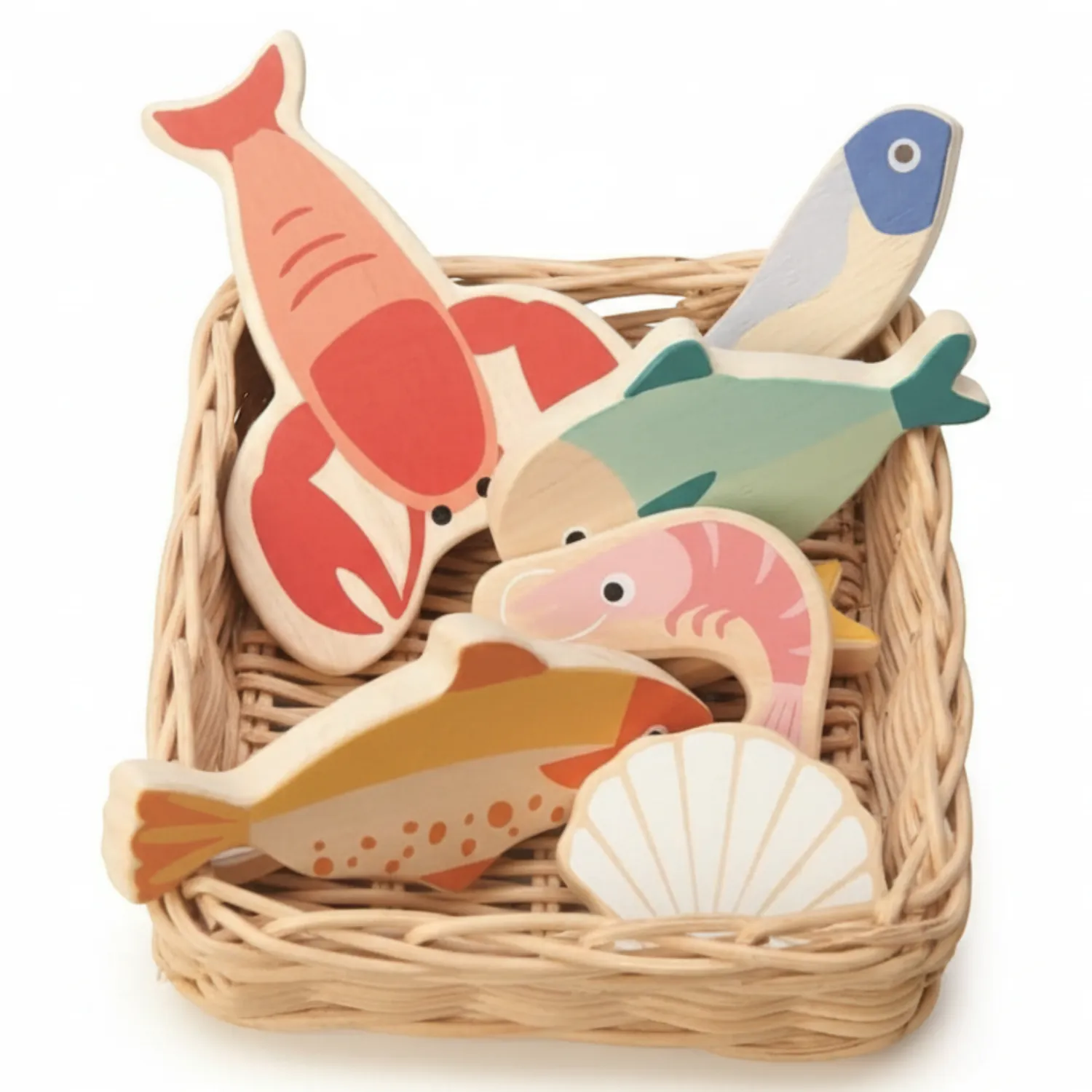Montessori|Drewniane | Tender Leaf Toys Wiklinowy koszyk z rybami i owocami morza