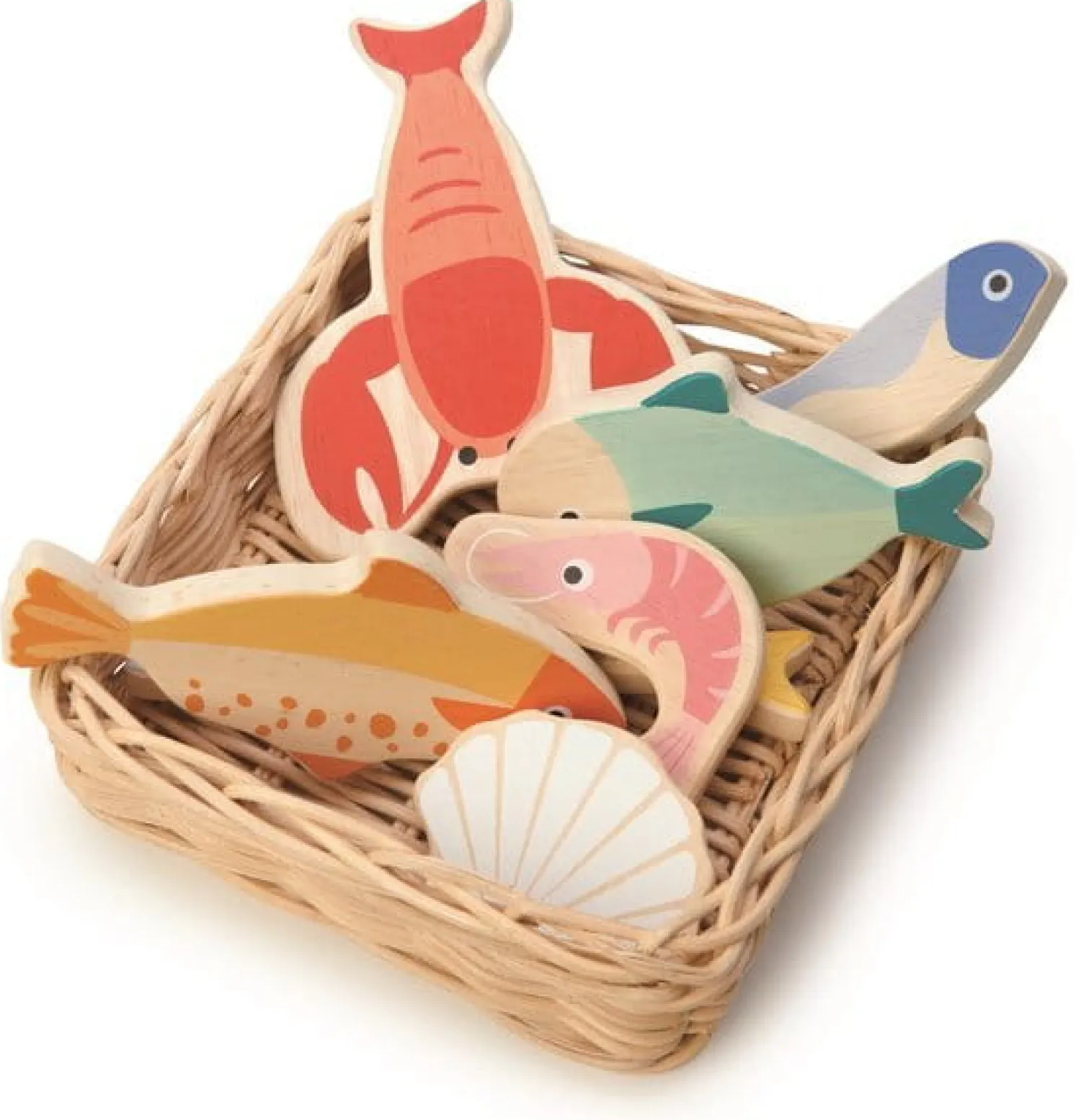 Montessori|Drewniane | Tender Leaf Toys Wiklinowy koszyk z rybami i owocami morza