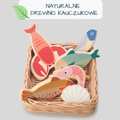 Montessori|Drewniane | Tender Leaf Toys Wiklinowy koszyk z rybami i owocami morza