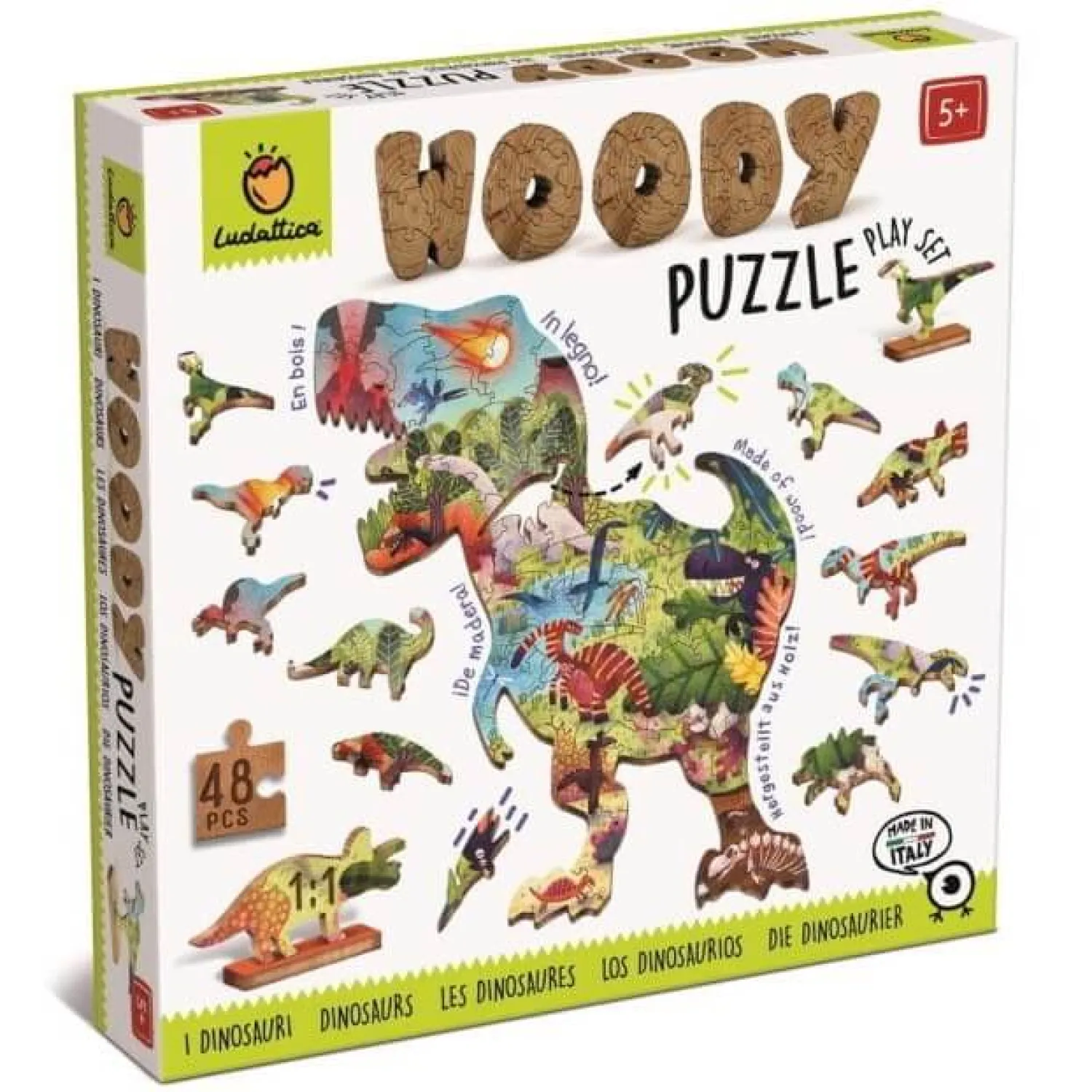 6 Lat+|7 Lat+ | Ludattica WOODY PUZZLE – drewniane puzzle konturowe – DINOZAURY