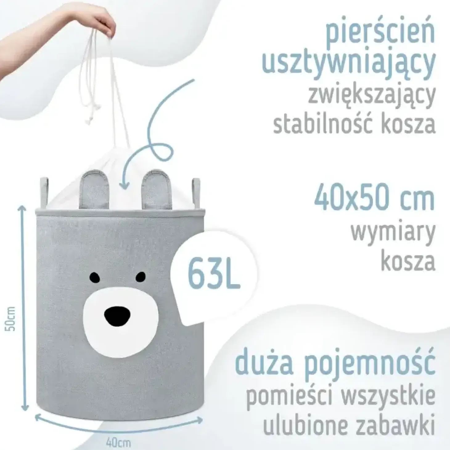 Zamykany kosz na ściągacz do przechowywania zabawek PREMIUM - Szary Miś