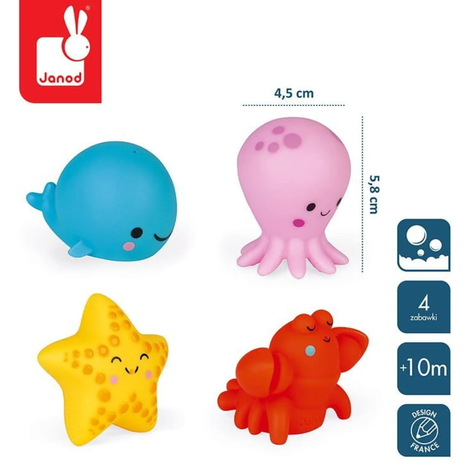 Zabawki Do Kąpieli|12M+ | Janod Zestaw do kąpieli 4 zwierzątka morskie 10 m+
