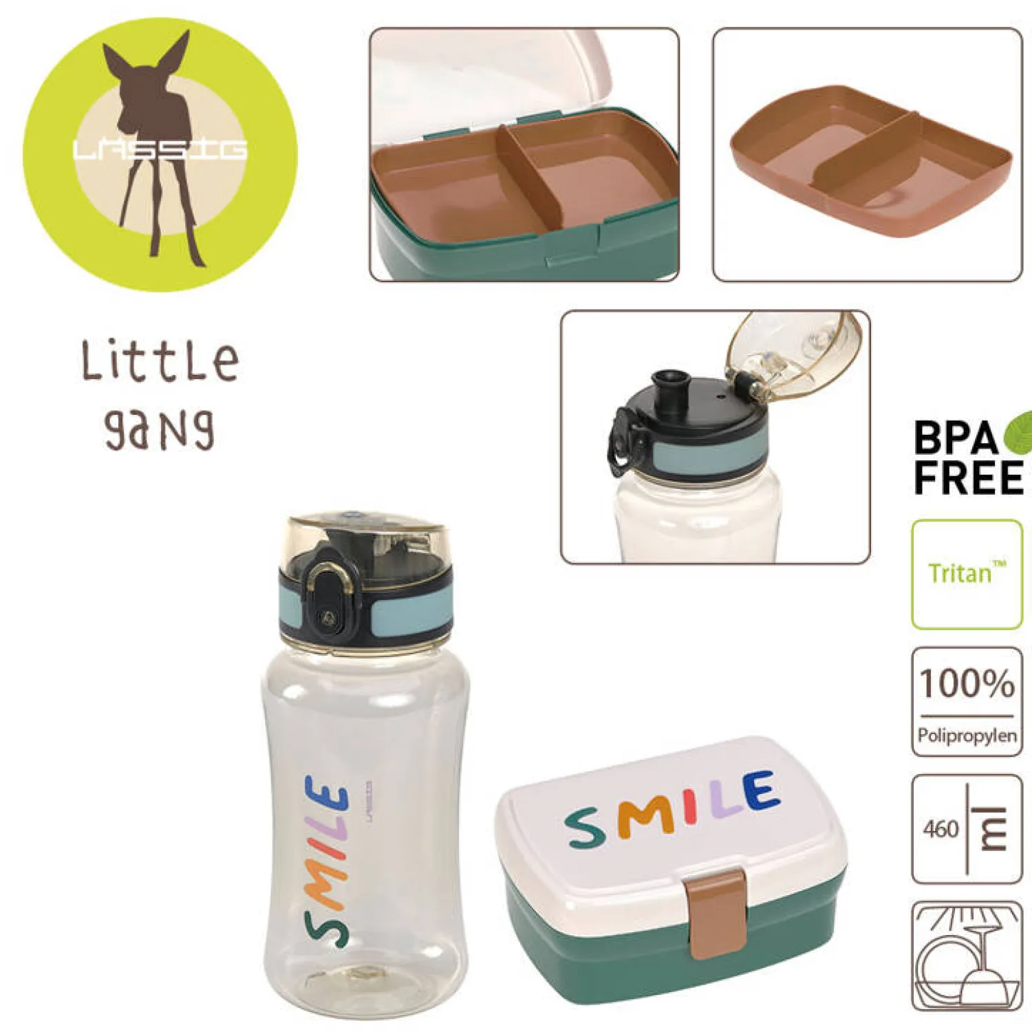 Lunchboxy|Bidony I Butelki | Lassig Zestaw na lunch: Lunchbox + Tritanowa butelka - bidon 460 ml Little Gang Smile - milky, ocean green