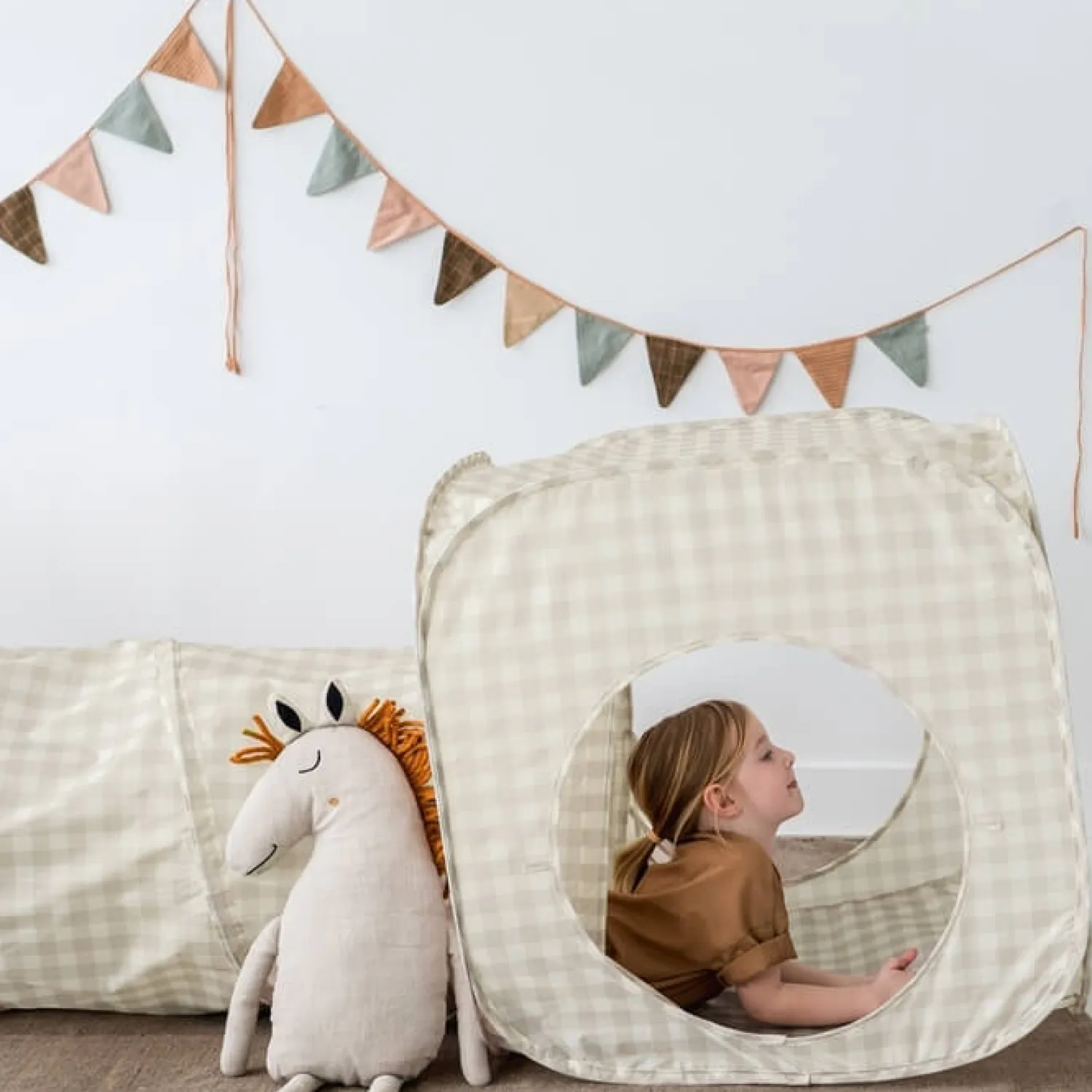 6 Lat+|3 Lata + | 3 Sprouts Zestaw namiotów dla dzieci z tunelem 3w1 Gingham Beige