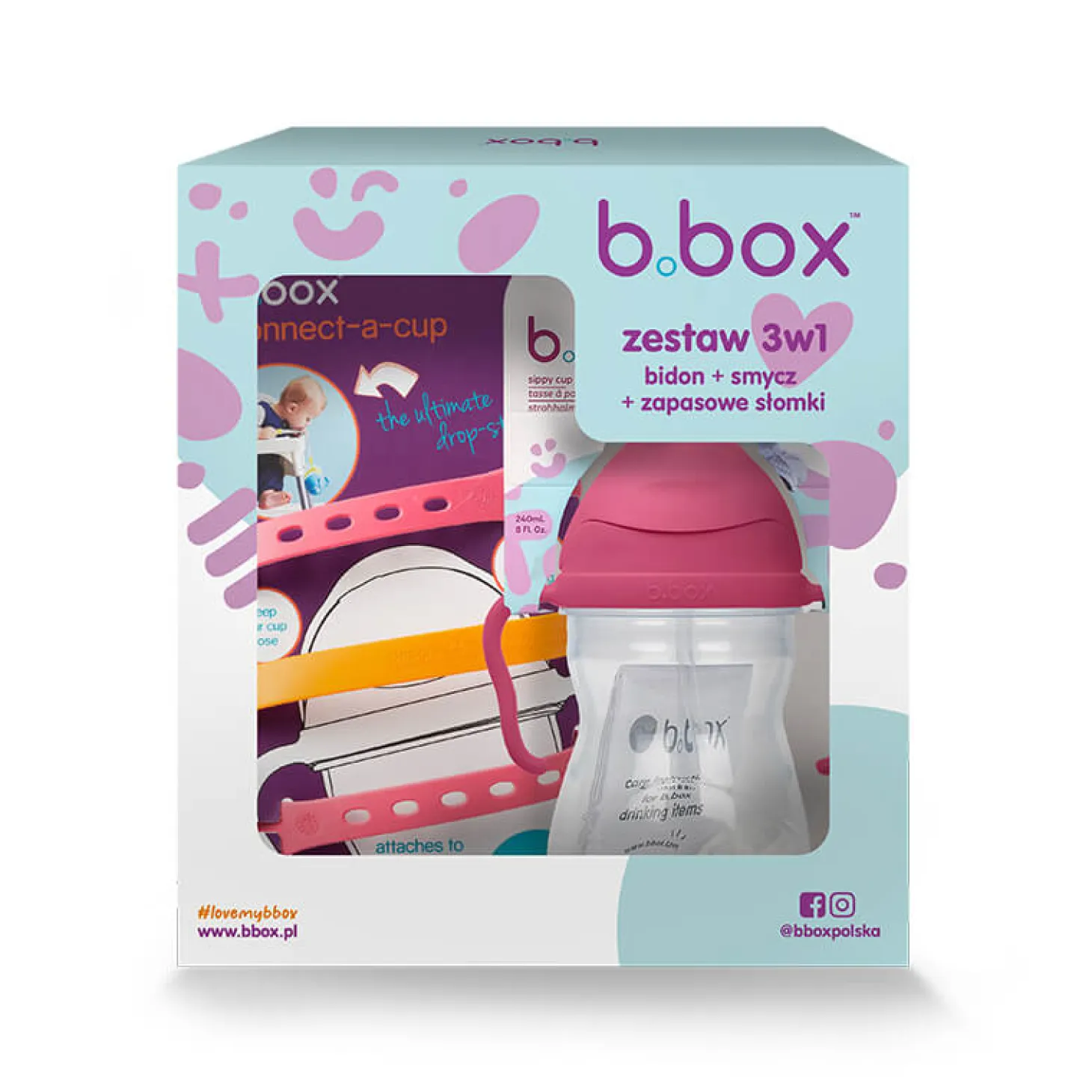 Zestaw na start 3w1, bidon 240ml Malinowy, smycz Strawberry Shake, zapasowe słomki