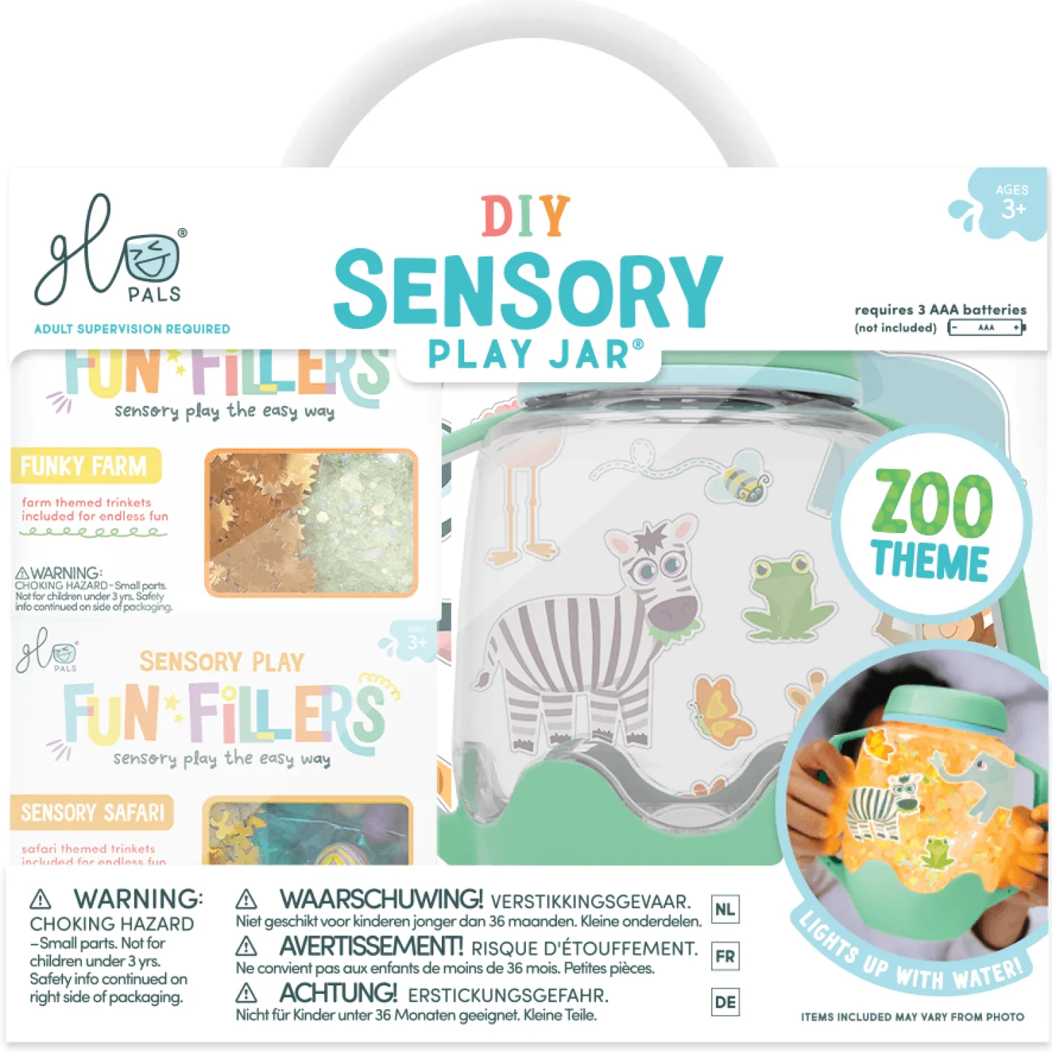 6 Lat+|3 Lata + | Glo Pals Zestaw sensoryczny DIY, świecący słoik z brokatami i figurkami Fun Fillers + naklejki gratis - ZOO