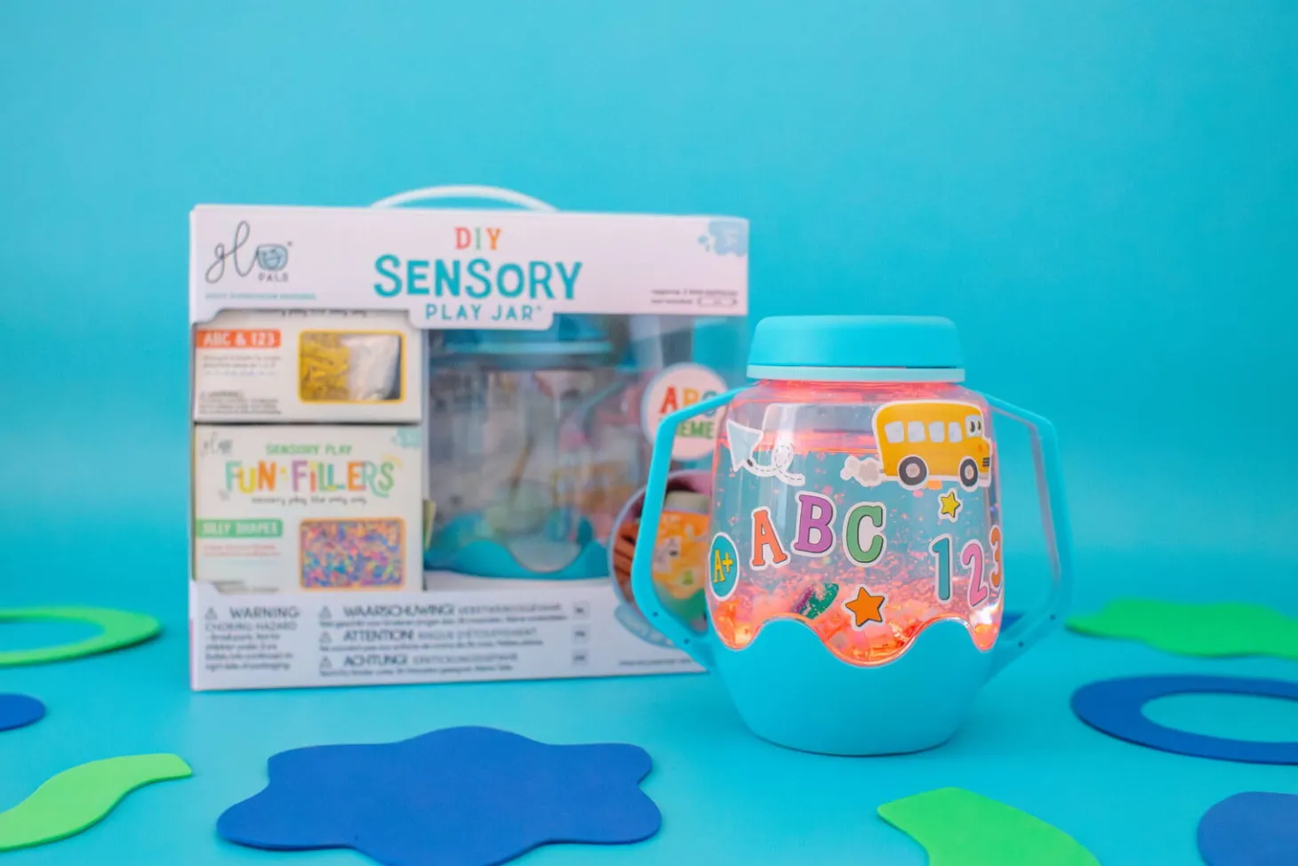 Zestaw sensoryczny DIY, świecący słoik z brokatami i figurkami Fun Fillers + naklejki gratis - ABC
