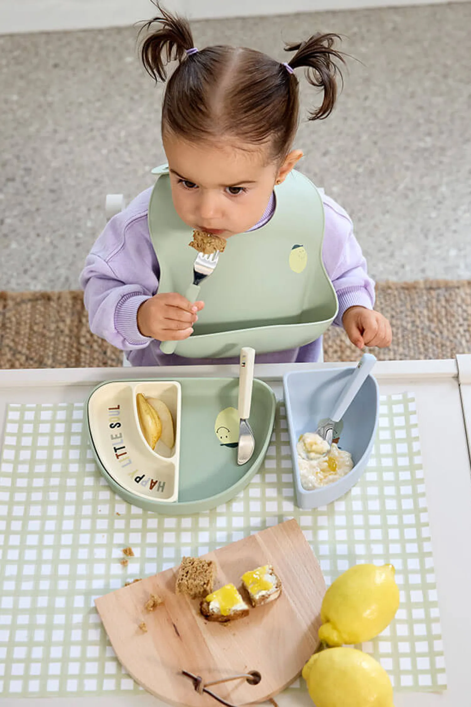 Naczynia Dla Dzieci | Lassig Zestaw sztućców ze stali nierdzewnej z silikonową rączką 3 el. Happy Fruits Lemon